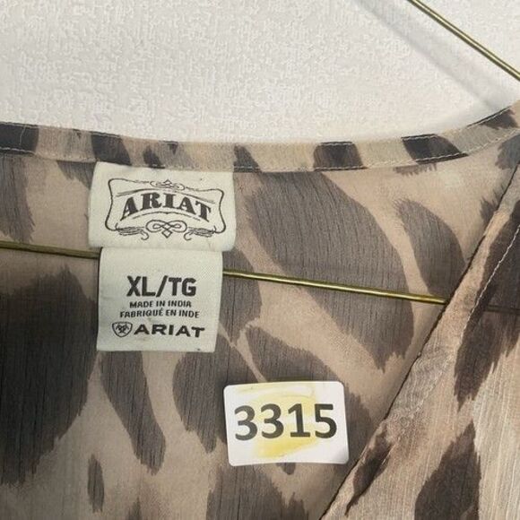Ariat Animal Print Semi Sheer Cinch Waist V-Neck Long Slv. Blouse Women Size XL - Picture 2 of 9